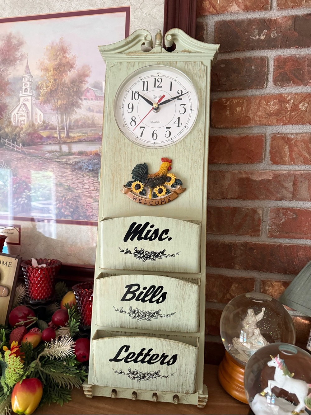 Vintage-Style Cream Wall Mail Organizer with Clock and Rooster Accent